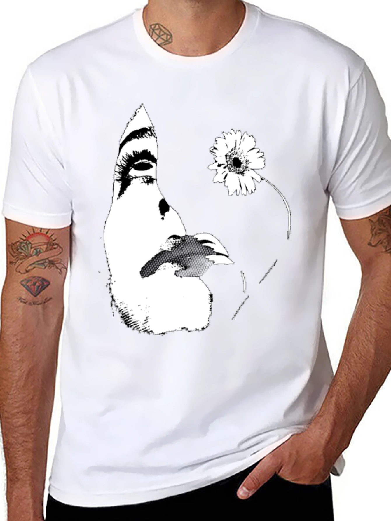 Abstract Face and Flower Graphic Tee - Black