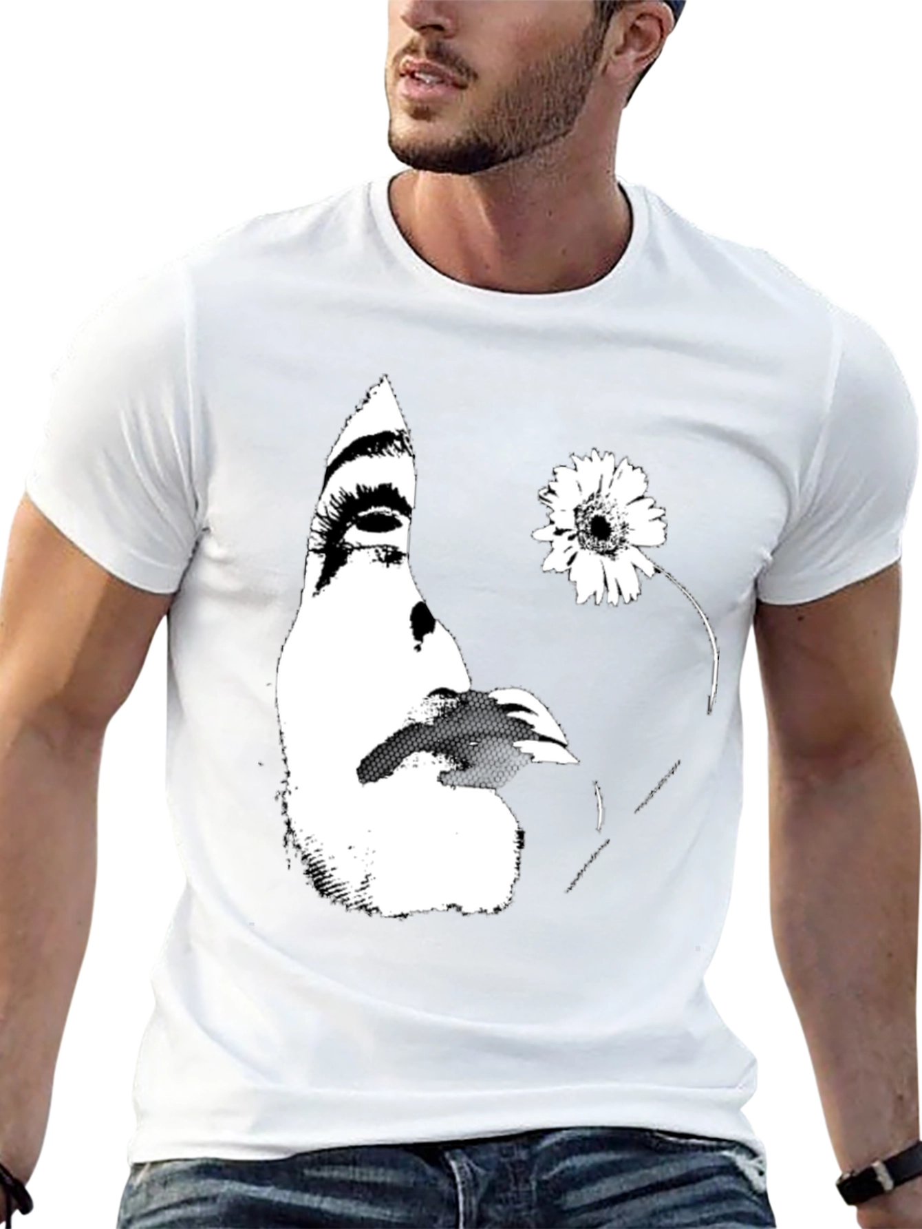 Abstract Face and Flower Graphic Tee - Black