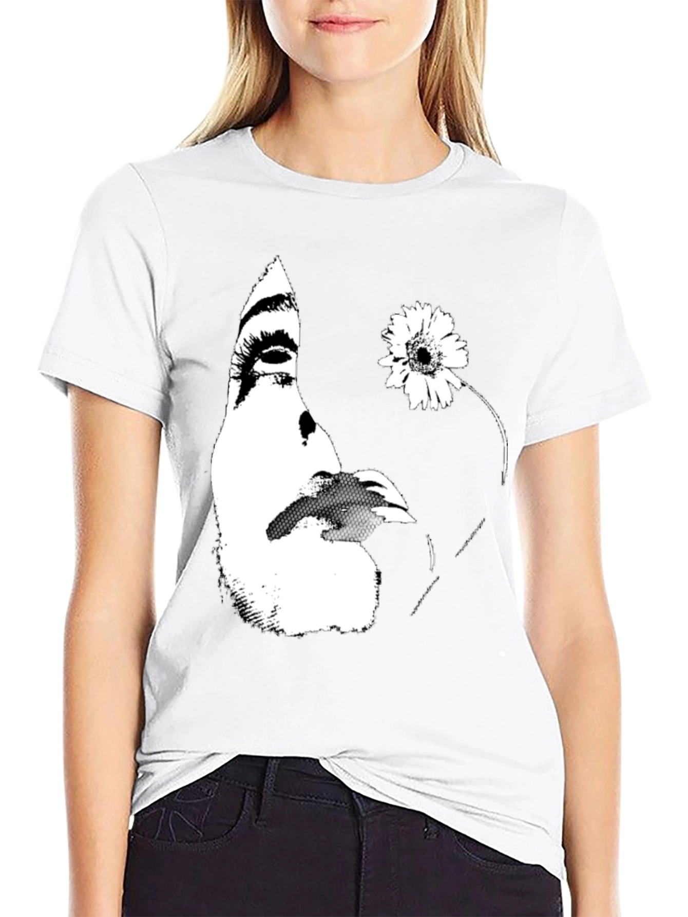 Abstract Face and Flower Graphic Tee - Black