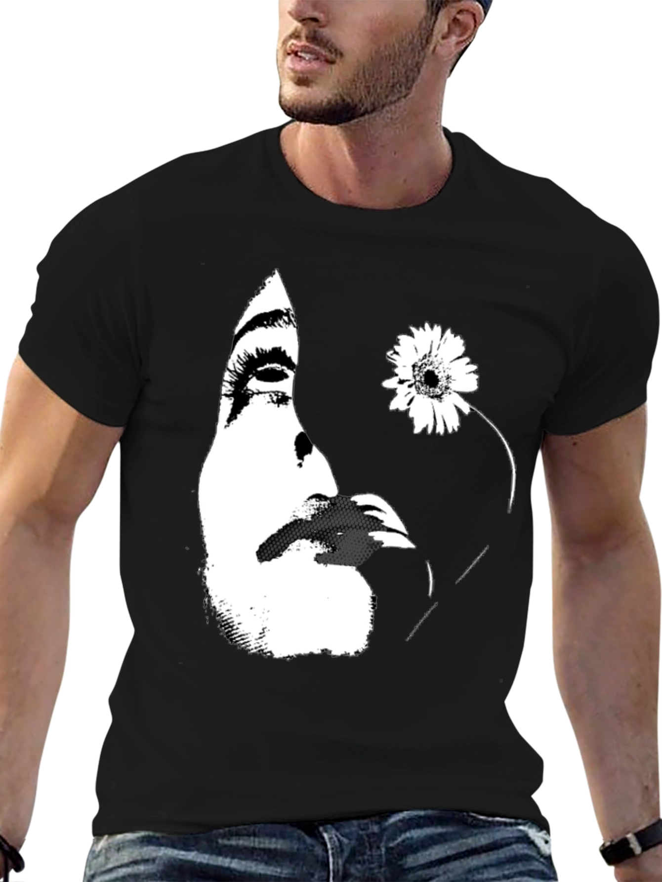 Abstract Face and Flower Graphic Tee - Black