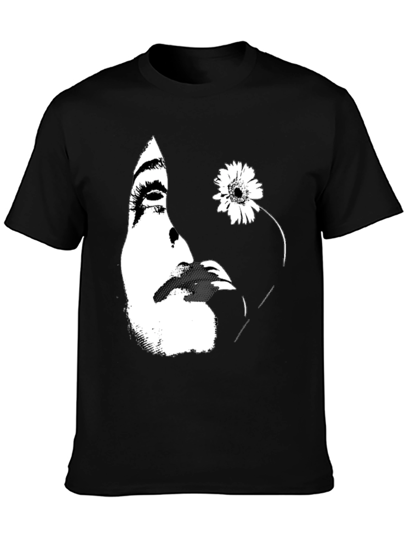 Abstract Face and Flower Graphic Tee - Black