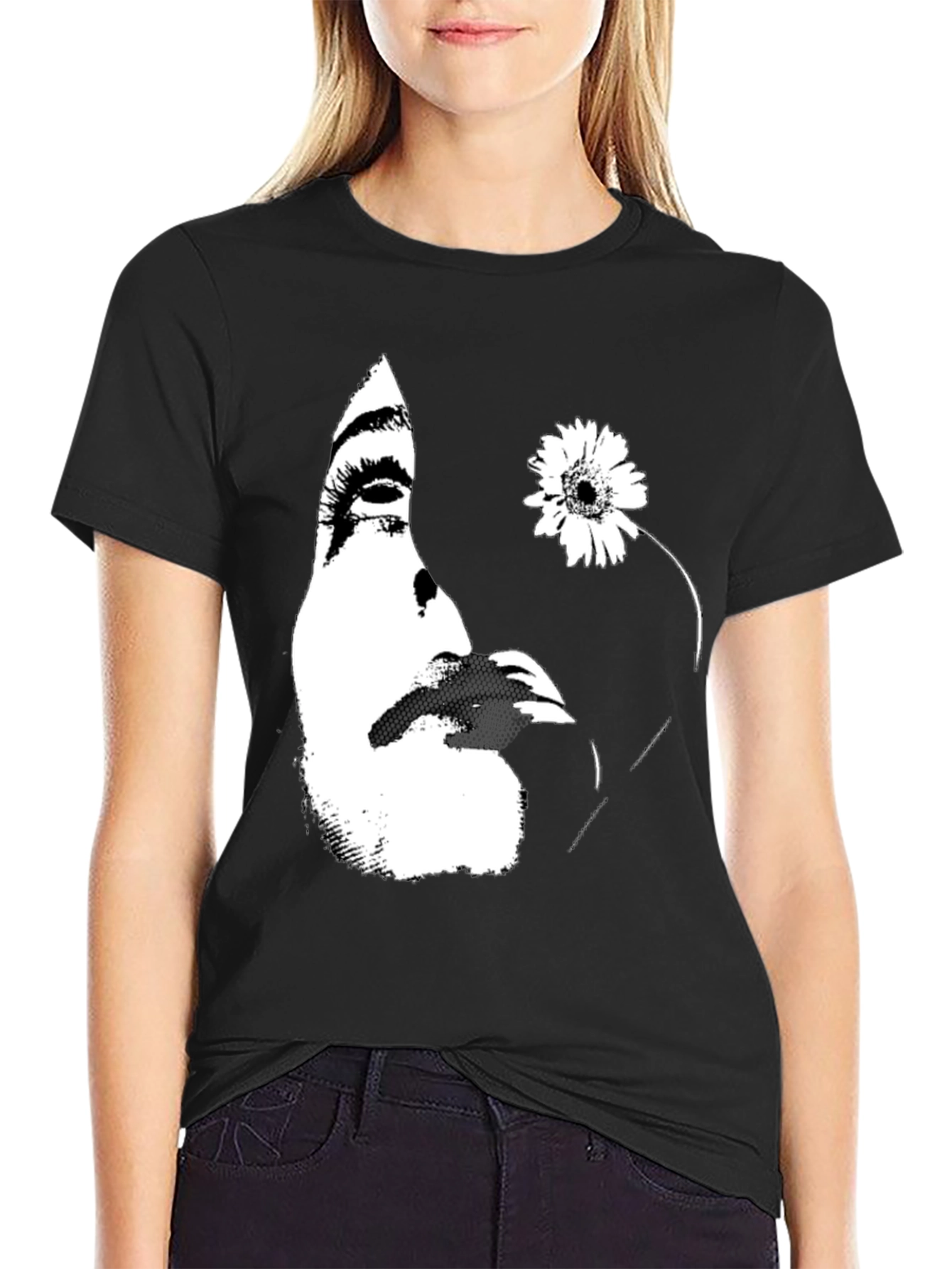 Abstract Face and Flower Graphic Tee - Black