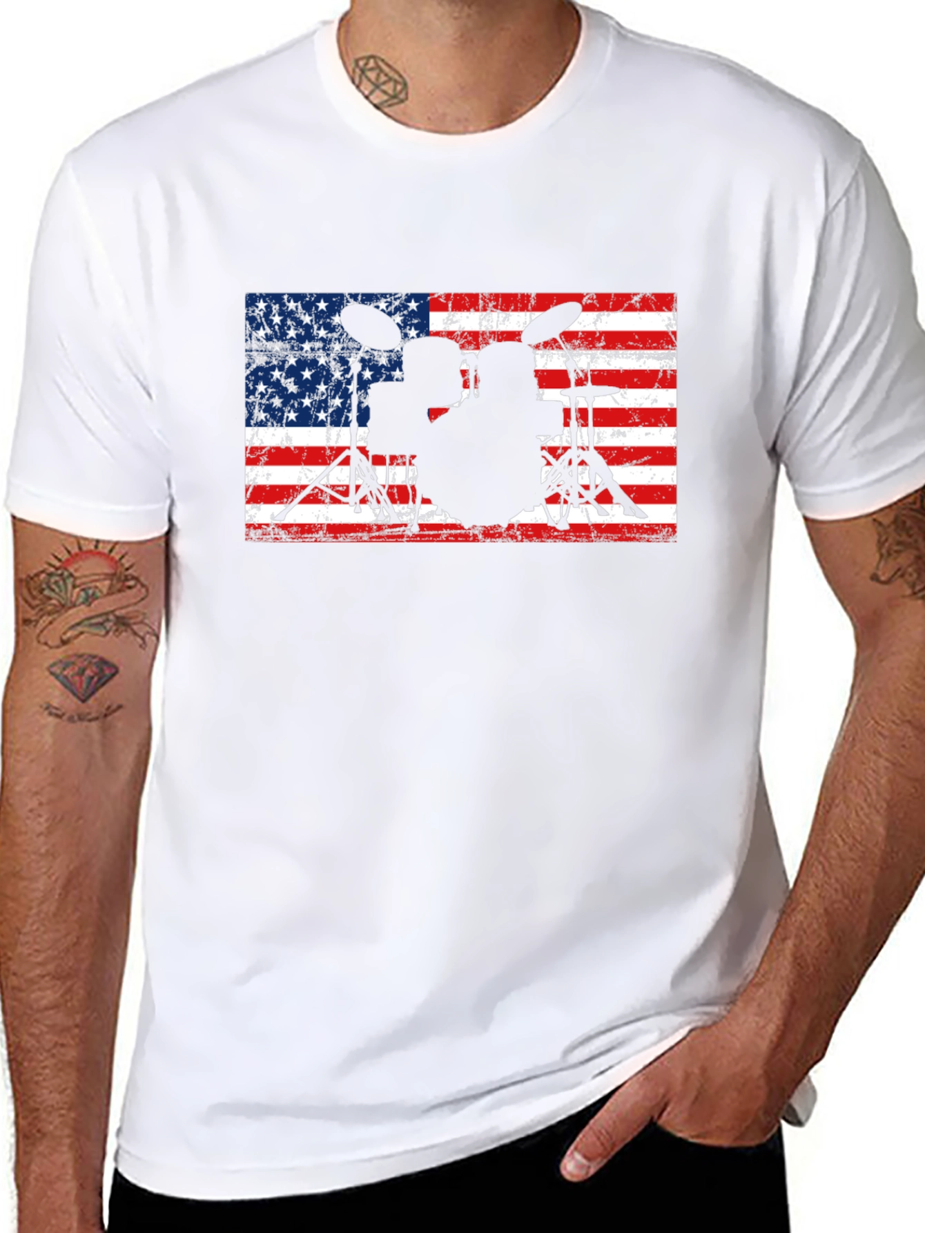 American Flag Drum Set Black T-Shirt