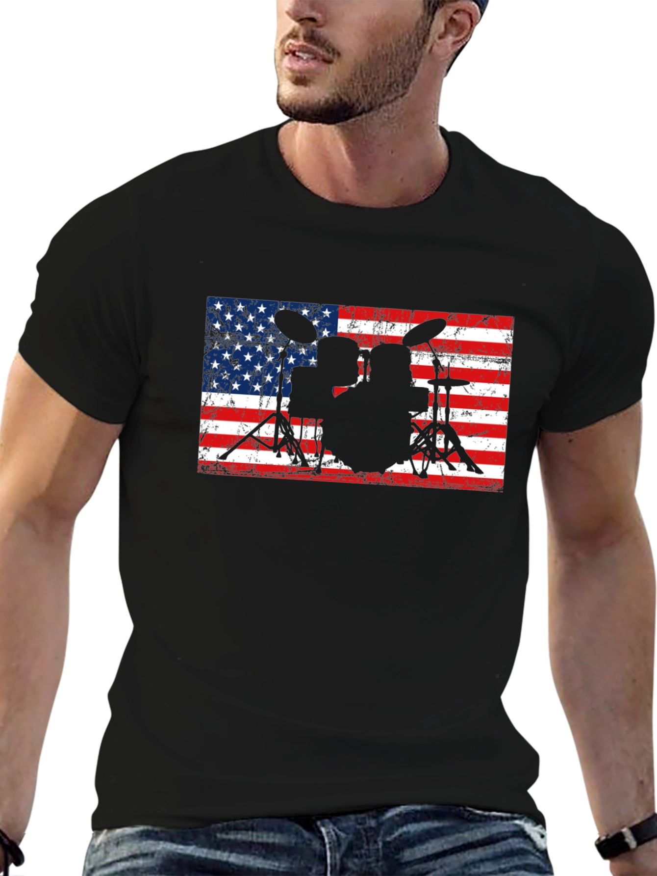 American Flag Drum Set Black T-Shirt