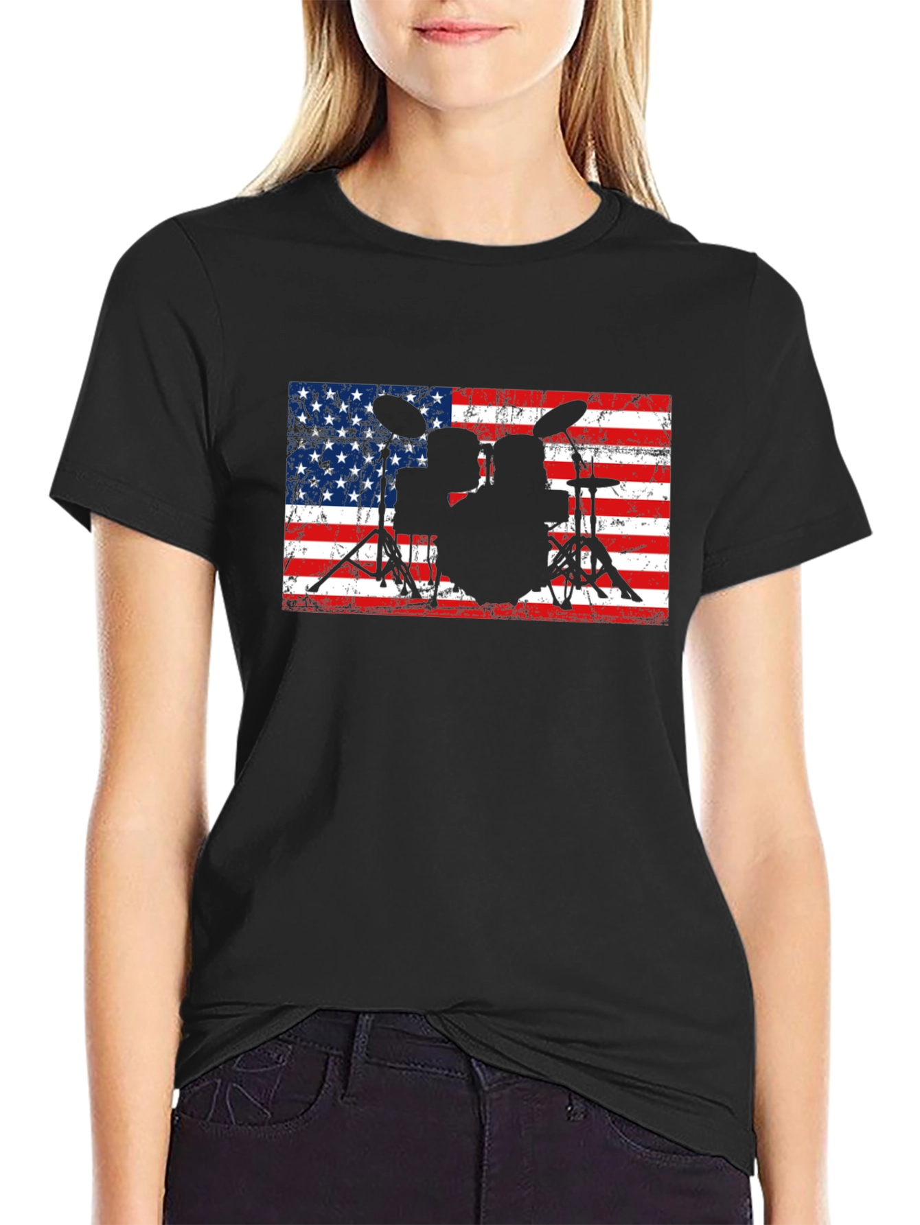 American Flag Drum Set Black T-Shirt