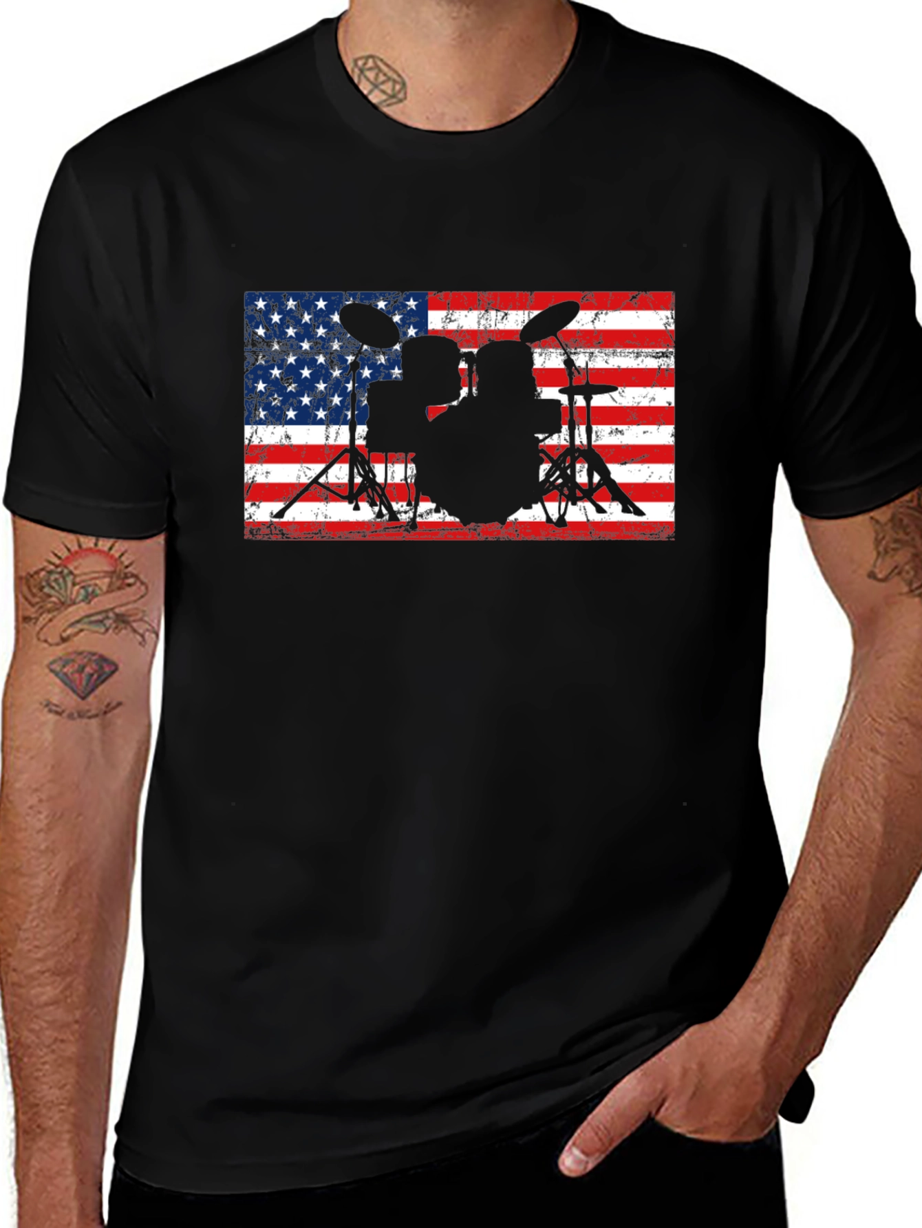 American Flag Drum Set Black T-Shirt