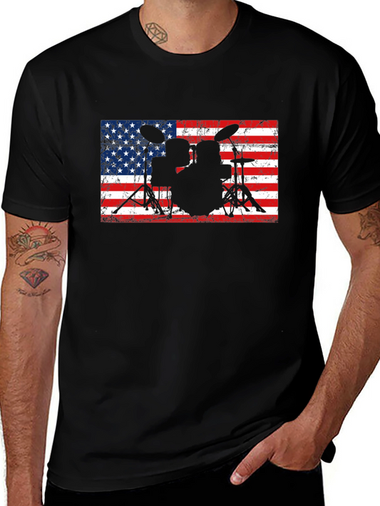 American Flag Drum Set Black T-Shirt