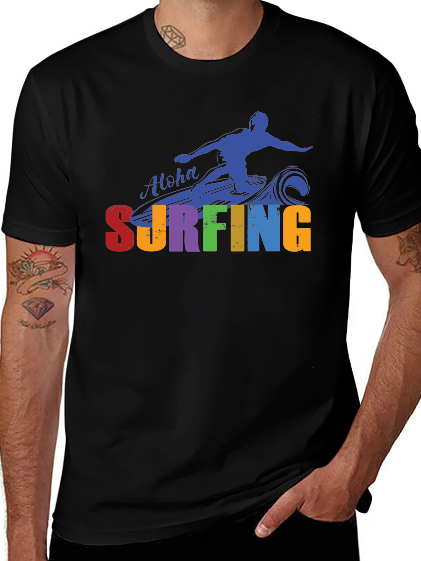 Aloha Surfing Graphic Tee - Black Cotton T-Shirt