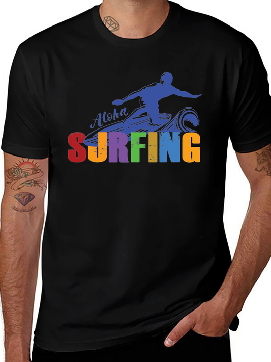 Aloha Surfing Graphic Tee - Black Cotton T-Shirt