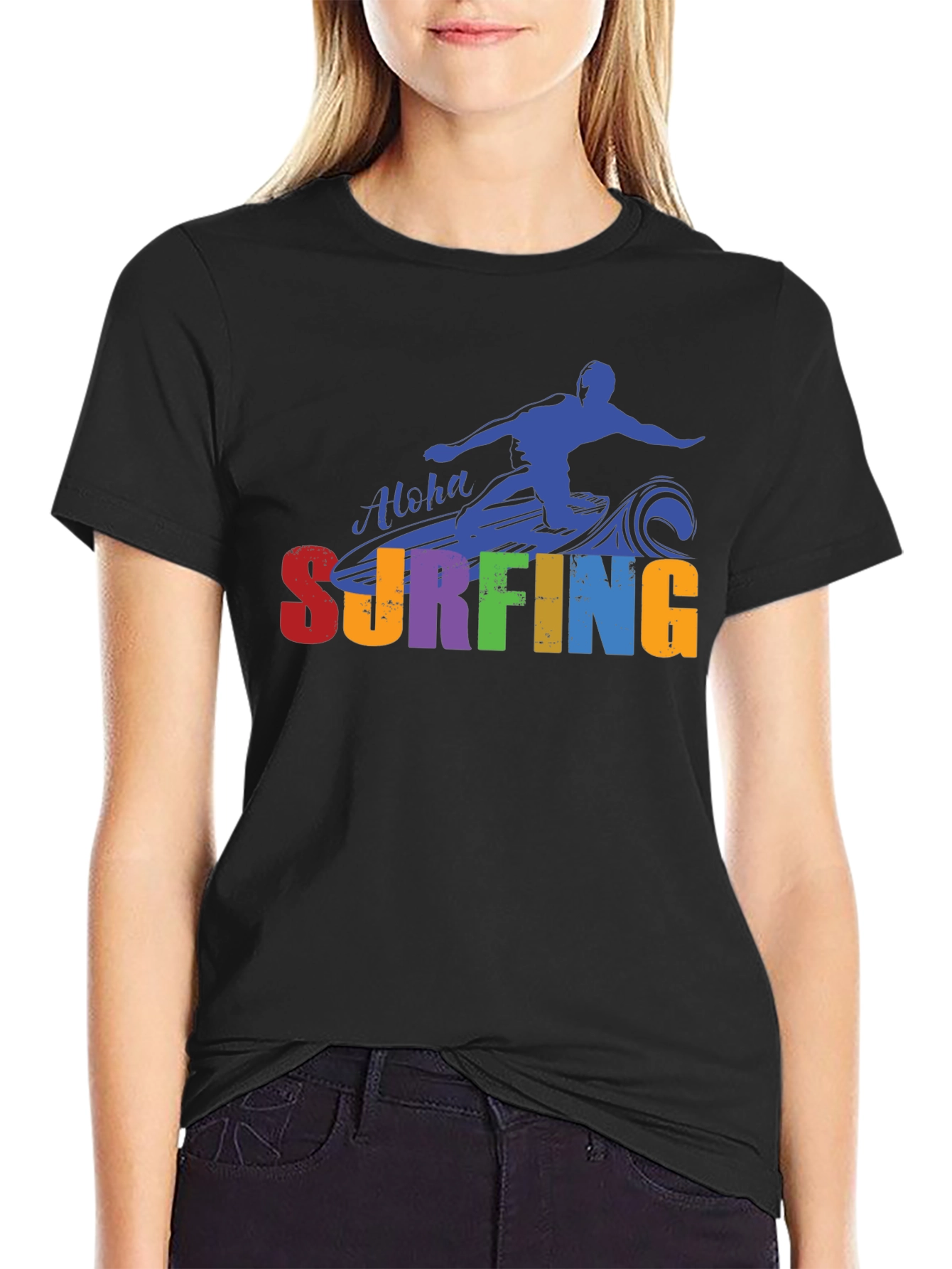 Aloha Surfing Graphic Tee - Black Cotton T-Shirt