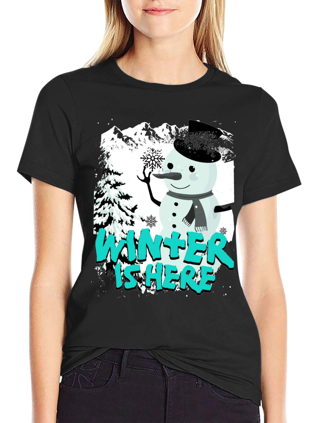 Winter is Here Graphic T-Shirt - Snowman Design