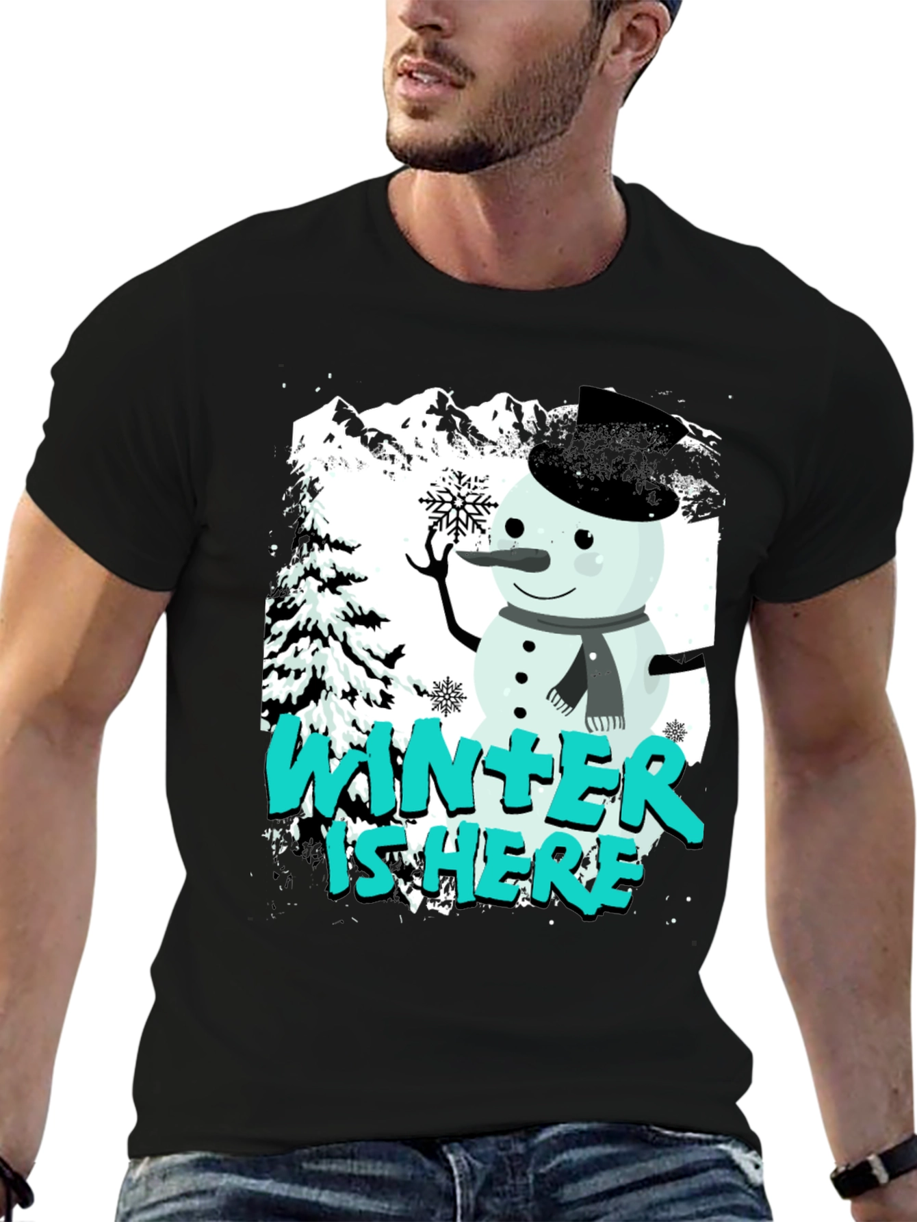 Winter is Here Graphic T-Shirt - Snowman Design