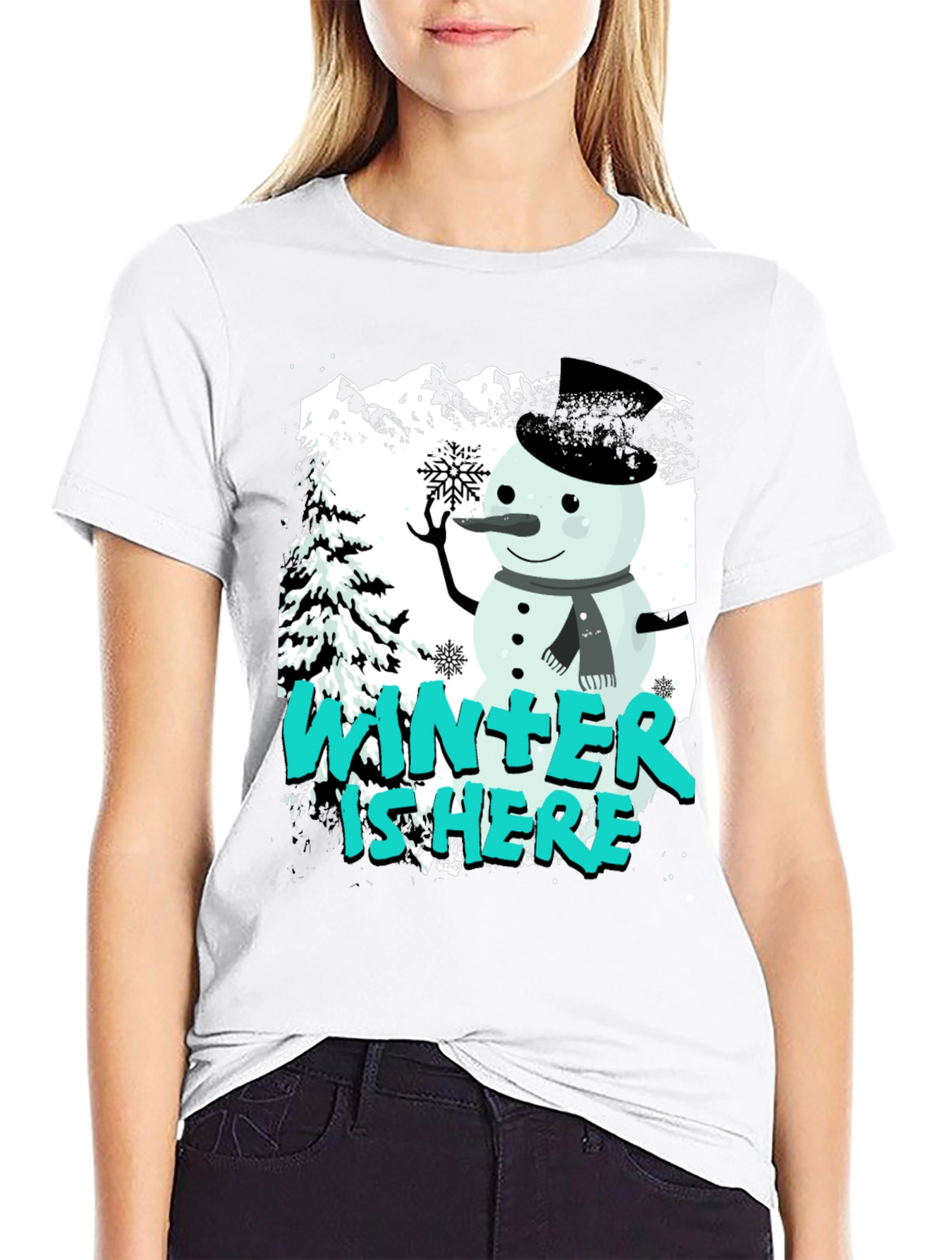 Winter is Here Graphic T-Shirt - Snowman Design