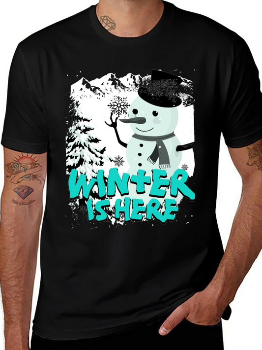 Winter is Here Graphic T-Shirt - Snowman Design