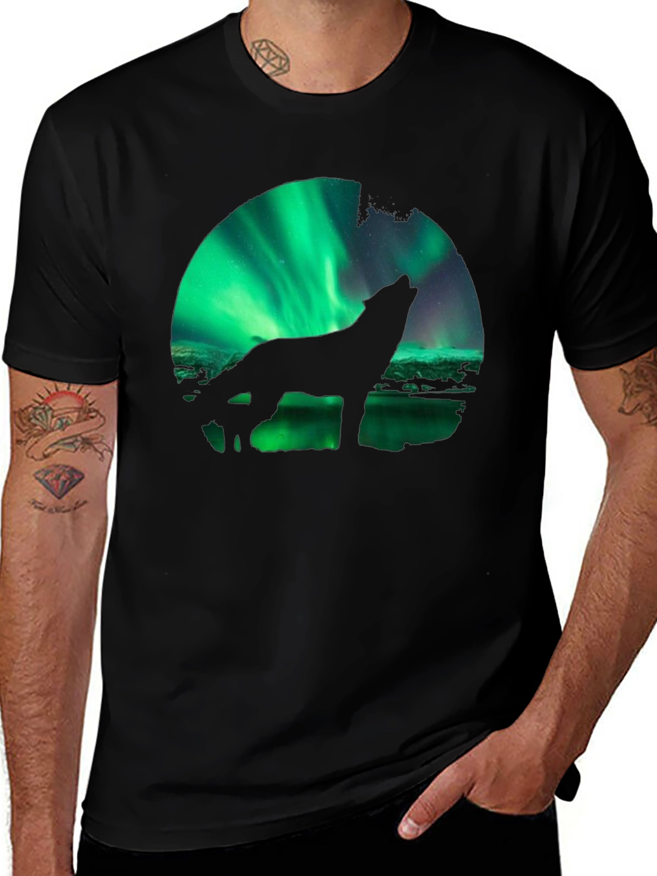 Wolf Aurora Borealis Graphic Black T-Shirt
