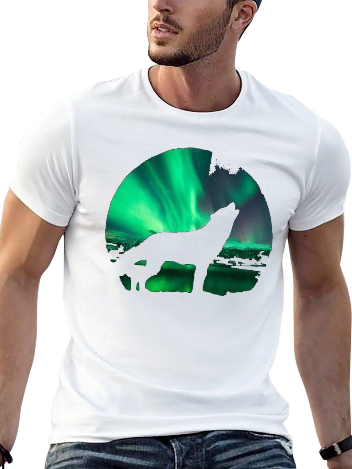 Wolf Aurora Borealis Graphic Black T-Shirt