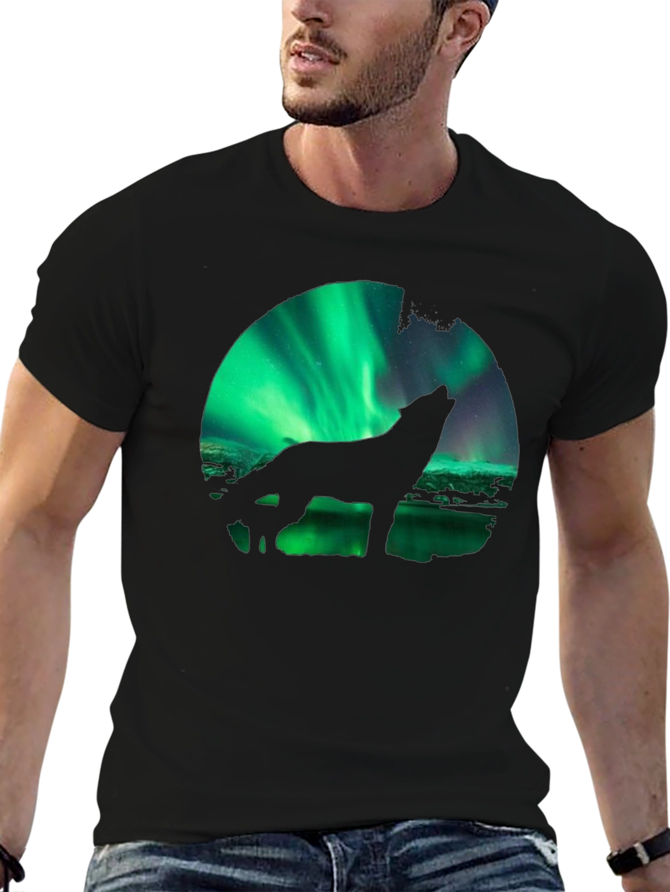 Wolf Aurora Borealis Graphic Black T-Shirt