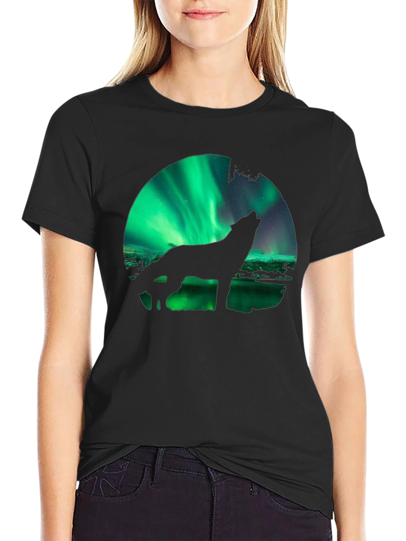 Wolf Aurora Borealis Graphic Black T-Shirt