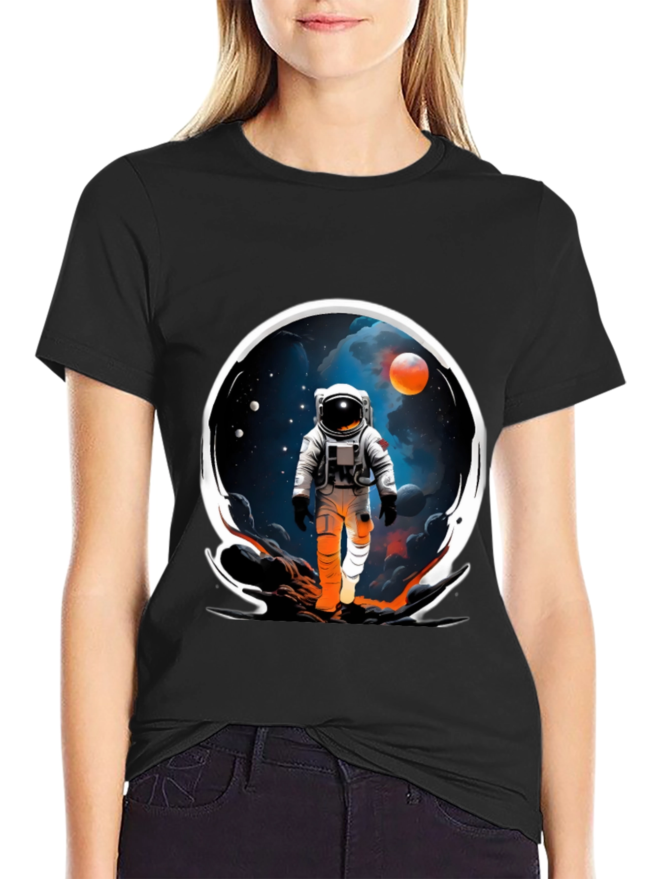 Astronaut in Space Graphic Tee - Black Cotton Blend