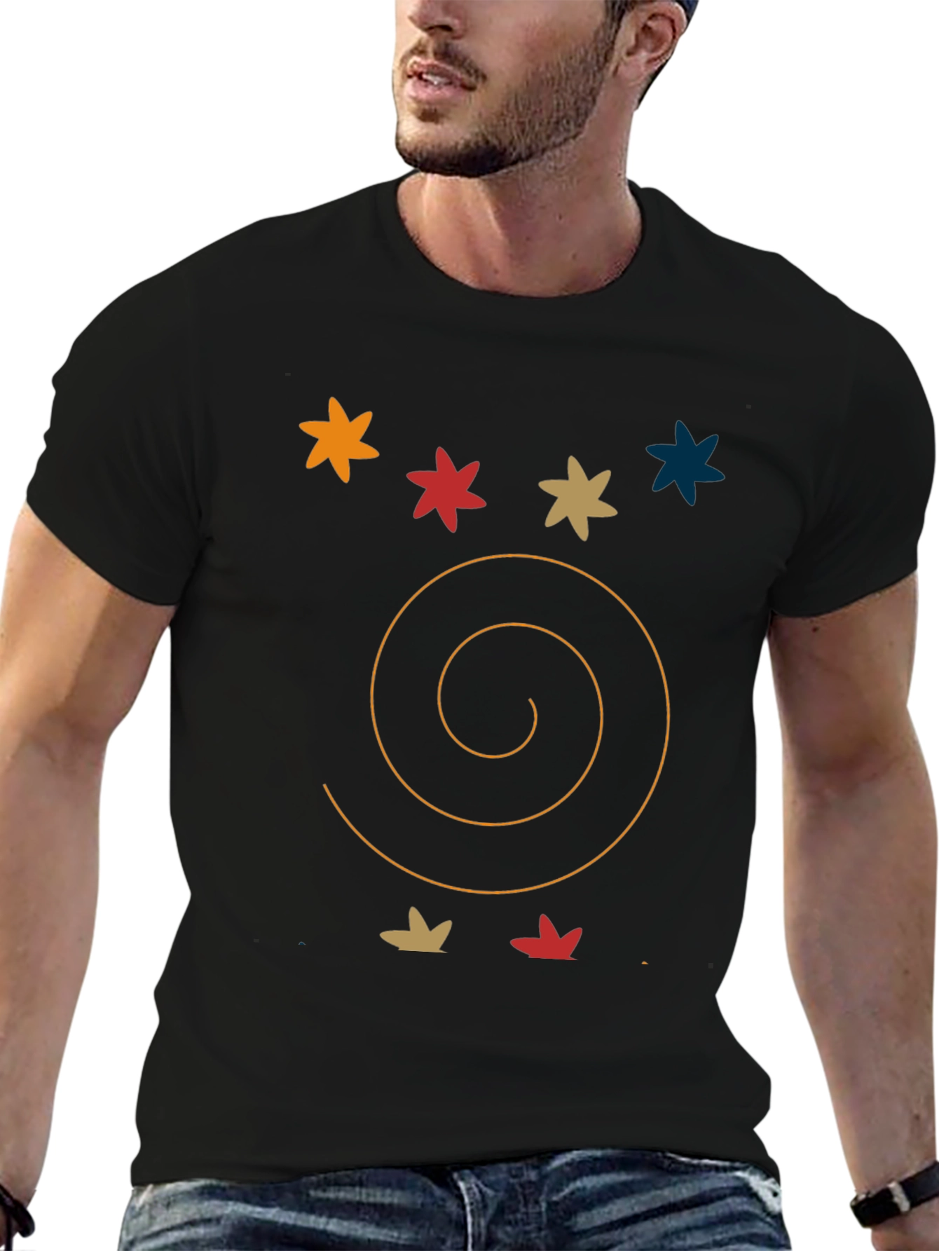 Abstract Graphic Tee: Star & Spiral Black T-Shirt