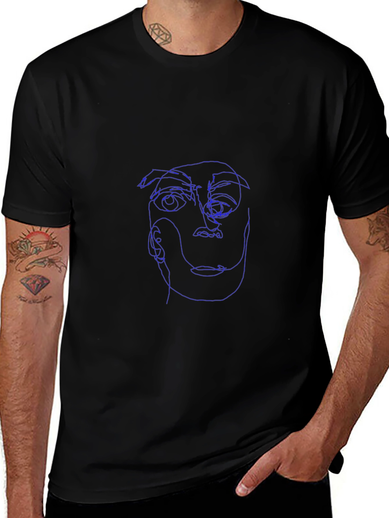 Abstract Face Line Art Black T-Shirt