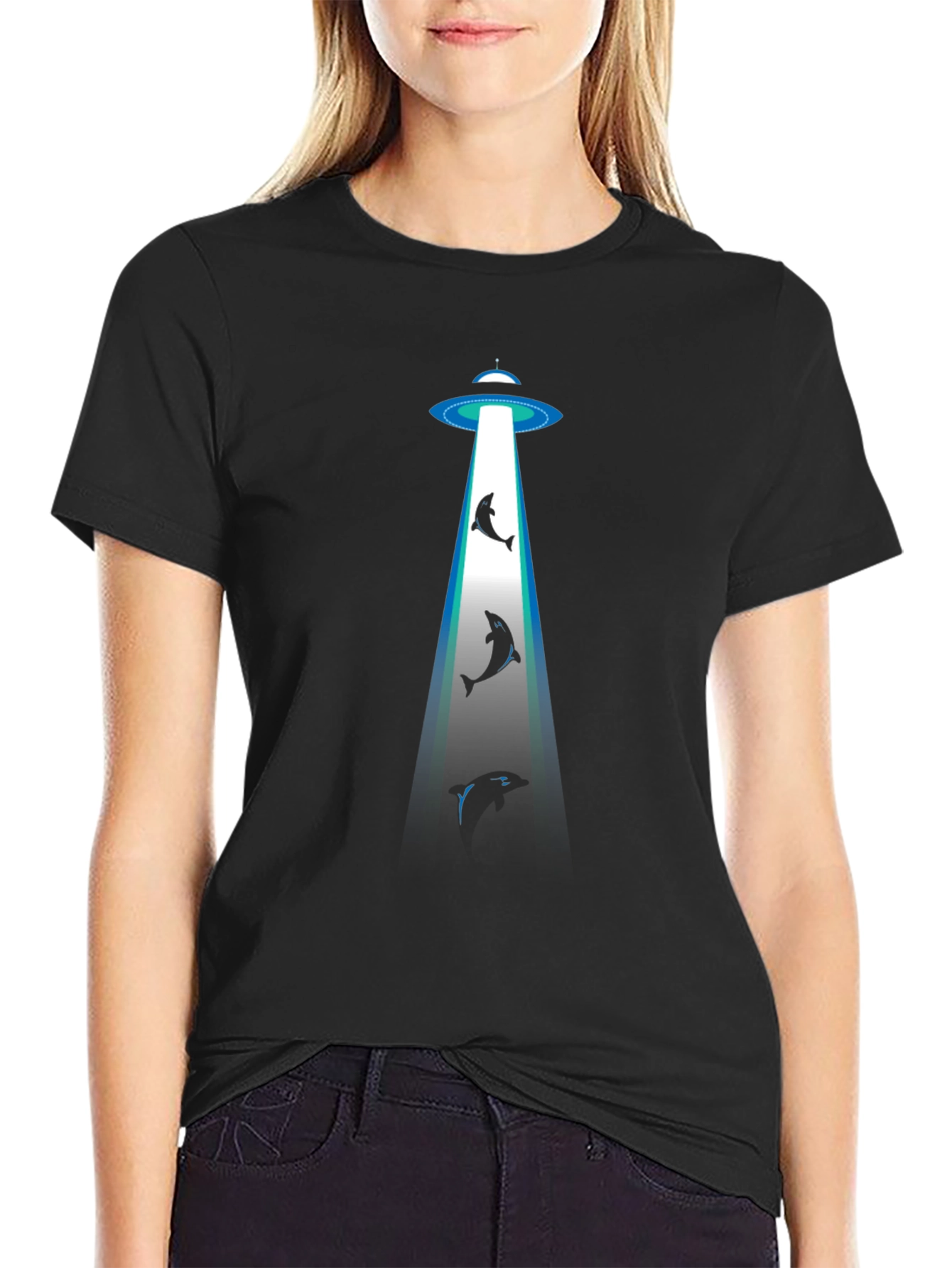 Alien Abduction Dolphin Black T-Shirt