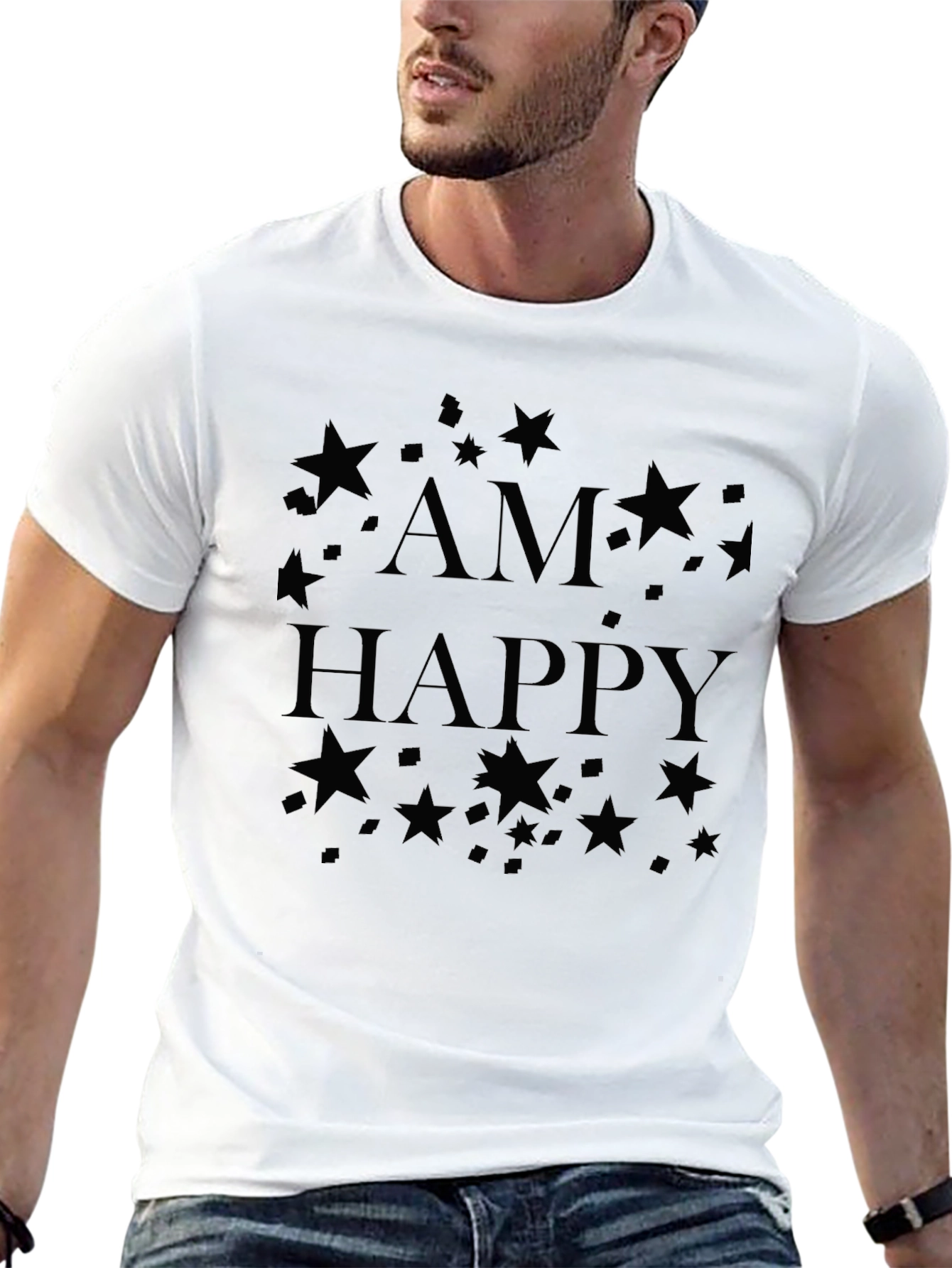 Am Happy Star Graphic Black T-Shirt